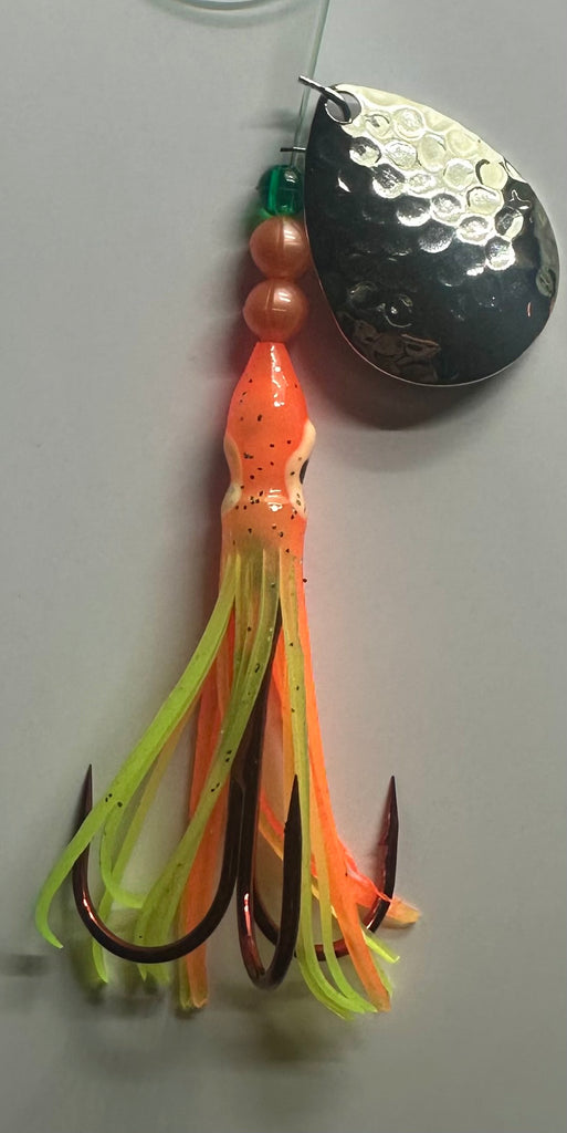 Salmon Tackle-Hot Pink #2- 2/0 Treble- Luminous Salmon Hoochie w/Hammered  Nickel Colorado Spinner Blade- *Best New Salmon Catching Lure on the  Market!