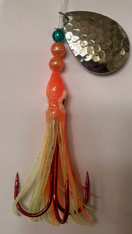 Salmon Tackle - Orange Chartreuse #4- 2/0 Treble -Luminous Salmon Hoochie with Hammered Nickel Colorado Spinner Blade and a Red Super Sharp 2/0 Treble Hook (NICKLE - TREBLE)