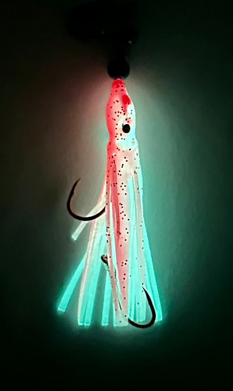 KOKOPROS® Pink and White #3 luminous octopus hoochie, 6 cm, nickel spinner blade, glowing in the dark