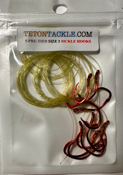 Hooks - Size #2 Pre-tied Red Sickle Hooks- 5 pack