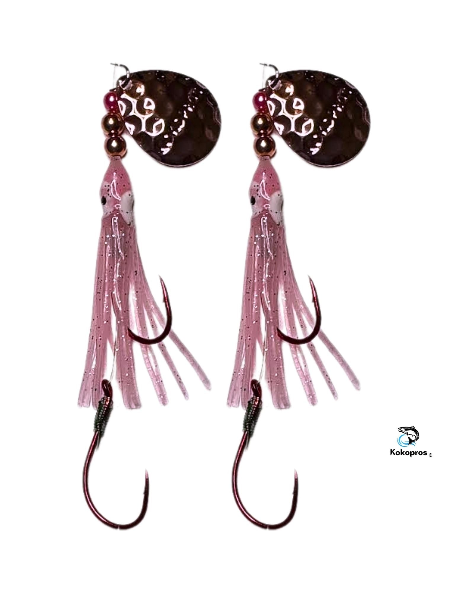 Salmon Tackle - Kokopros® Twin Pack Light Pink #1 Salmon Hoochie's 4/0 Red Octopus Snell