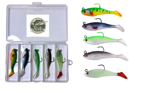 TRIBASS™ Pre Rigged Soft Lures for Bass and Trout Multicolor 5 Pack with case