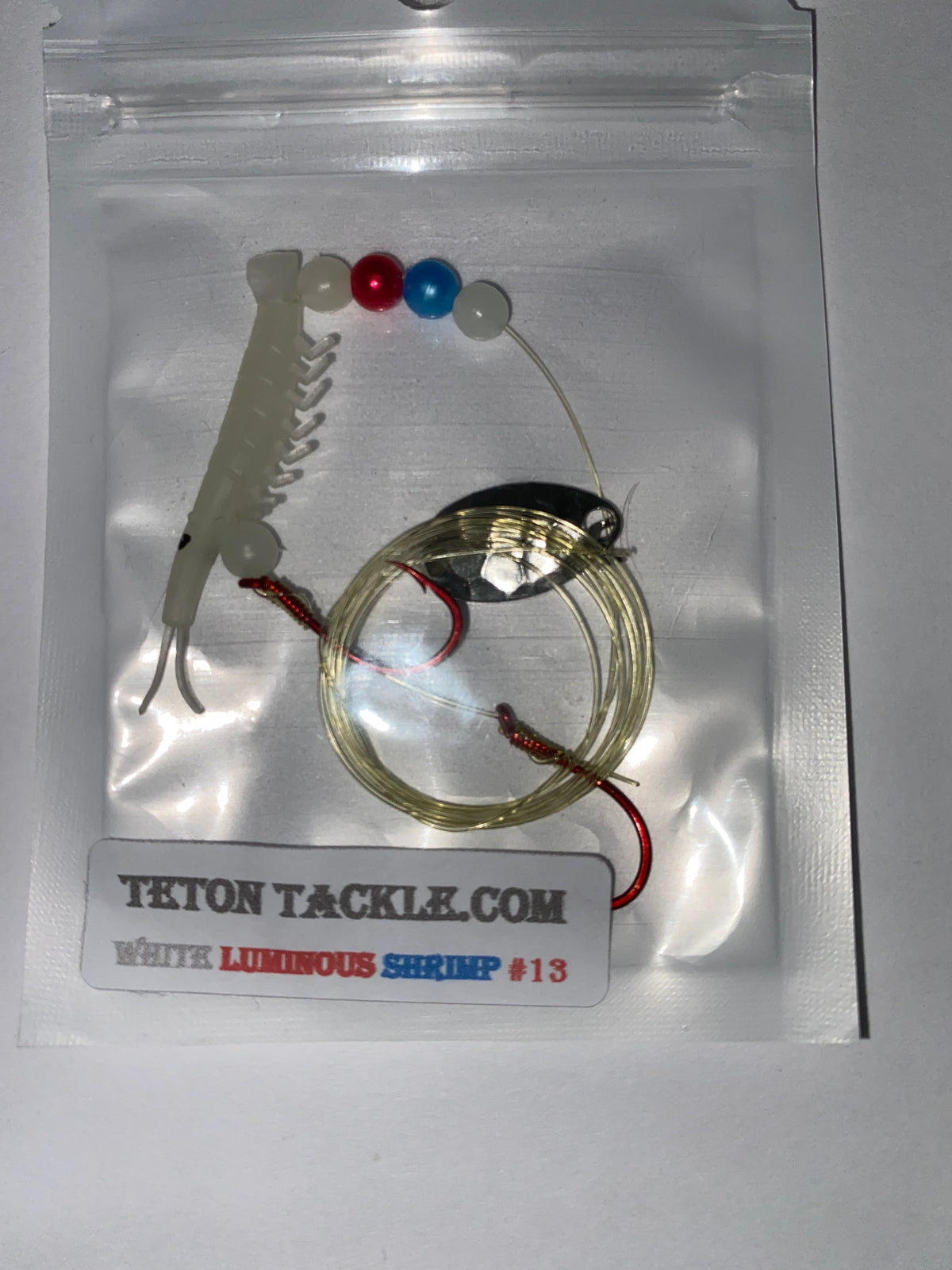 KOKOPROS® luminous micro shrimp #13, Ghost White, nickel spinner blade, in packaging