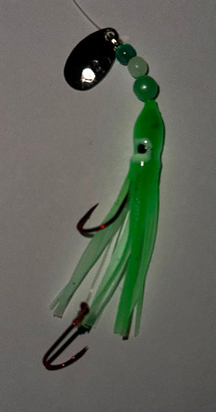 Hoochie - Green and White #5  Luminous Octopus Hoochies with Nickel Spinner Blade- 6cm