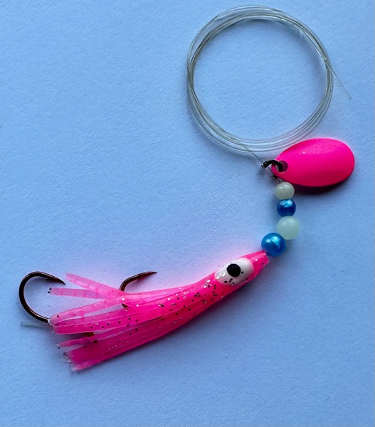 Micro Hoochie - Hot Pink #2- Luminous Micro Hoochie with Pink Spinner Blade