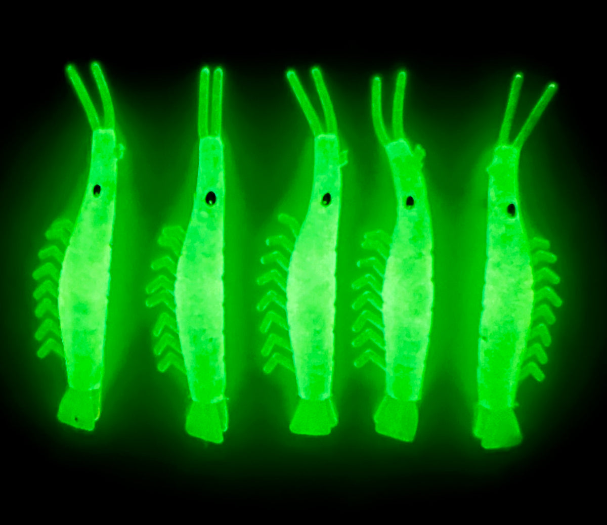 KOKOPROS® luminous micro shrimp in light green, 5-pack, glowing in the dark