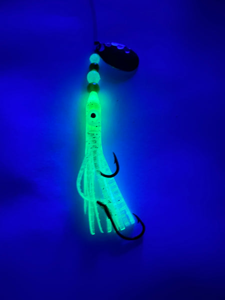 Micro Hoochie - A+ Luminous Micro Hoochie # 8-  Lt Green w/Nickel Spinner Blade