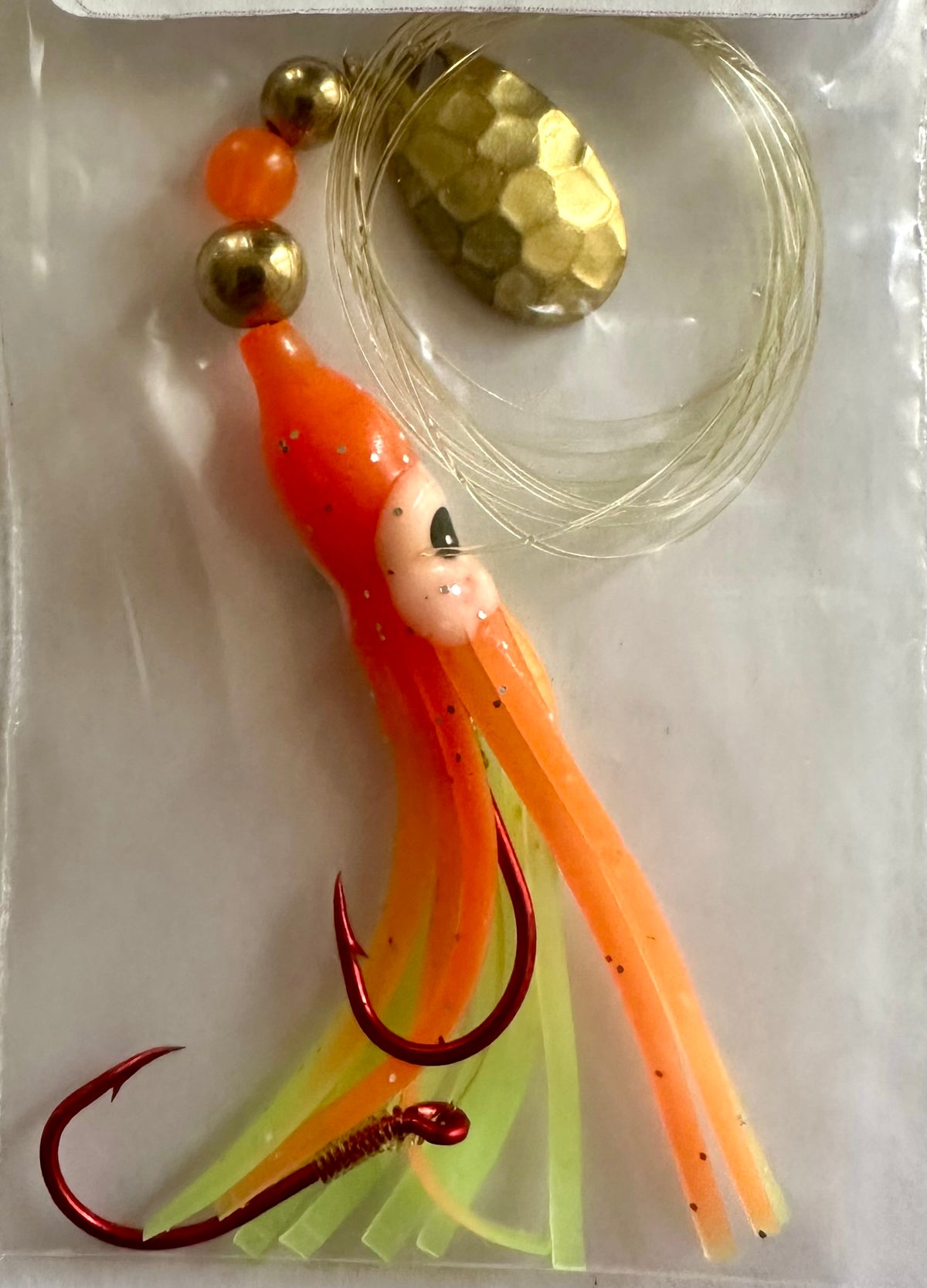 KOKOPROS® Orange Chartreuse #4 luminous octopus hoochie, 6 cm, brass spinner blade, alternate view 2