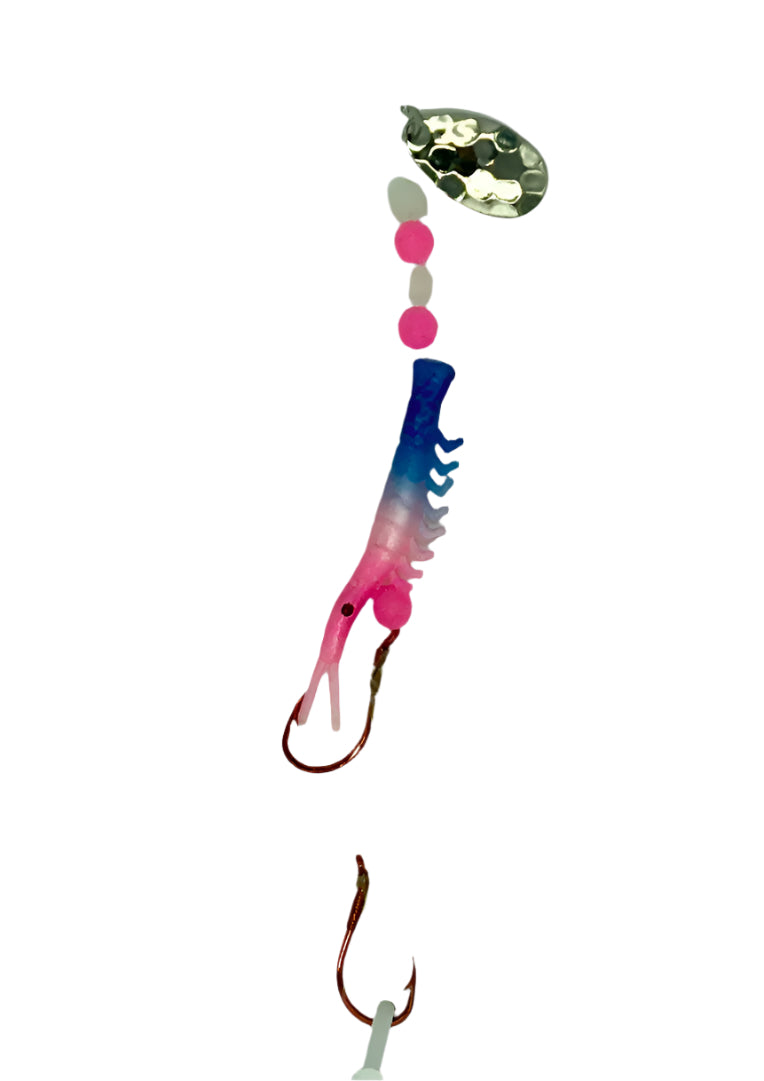 KOKOPROS® UV micro shrimp #04, Patriot, nickel spinner blade, on a fishing rod