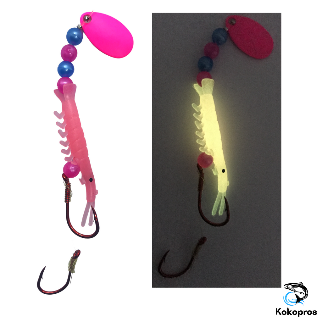 KOKOPROS® luminous micro shrimp #12, Lt Pink, pink spinner blade, before and after glow