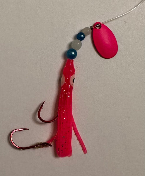 Micro Hoochie - Hot Pink #2- Luminous Micro Hoochie with Pink Spinner Blade