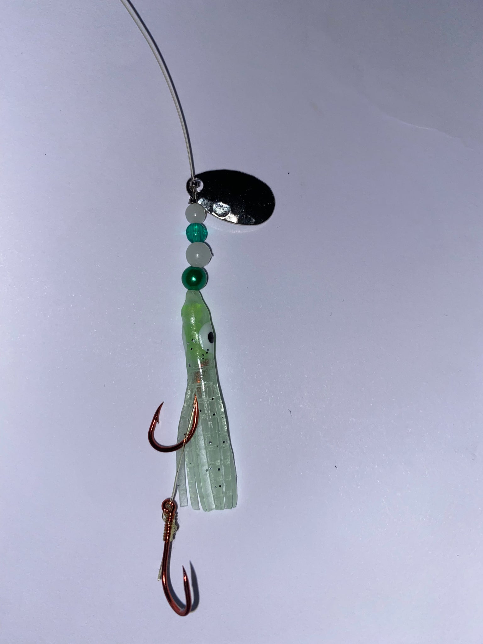 Micro Hoochie - A+ Luminous Micro Hoochie # 8-  Lt Green w/Nickel Spinner Blade